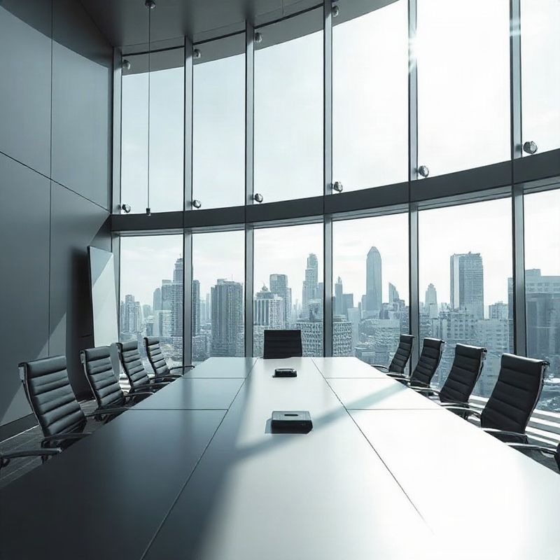 Sala de reuniões minimalista com vista para o skyline de São Paulo