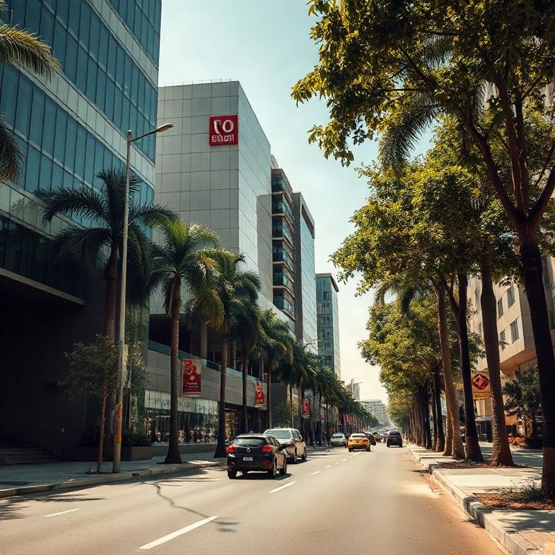 Boulevard arborizado no Itaim Bibi com edifícios modernistas
